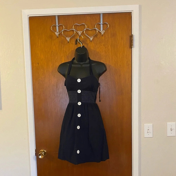Ruby Rox Navy Blue Halter Top Dress with White Button Front Vintage Vibe Size 3 - Picture 8 of 12